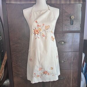 Vintage Handmade Butterfly Floral Embroidered Cotton Blend Apron Cream Orange